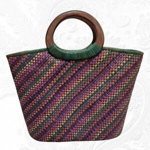 Handmade Woven Pandan Leaves Multicolor Tote Bag with Wooden Handles, Large